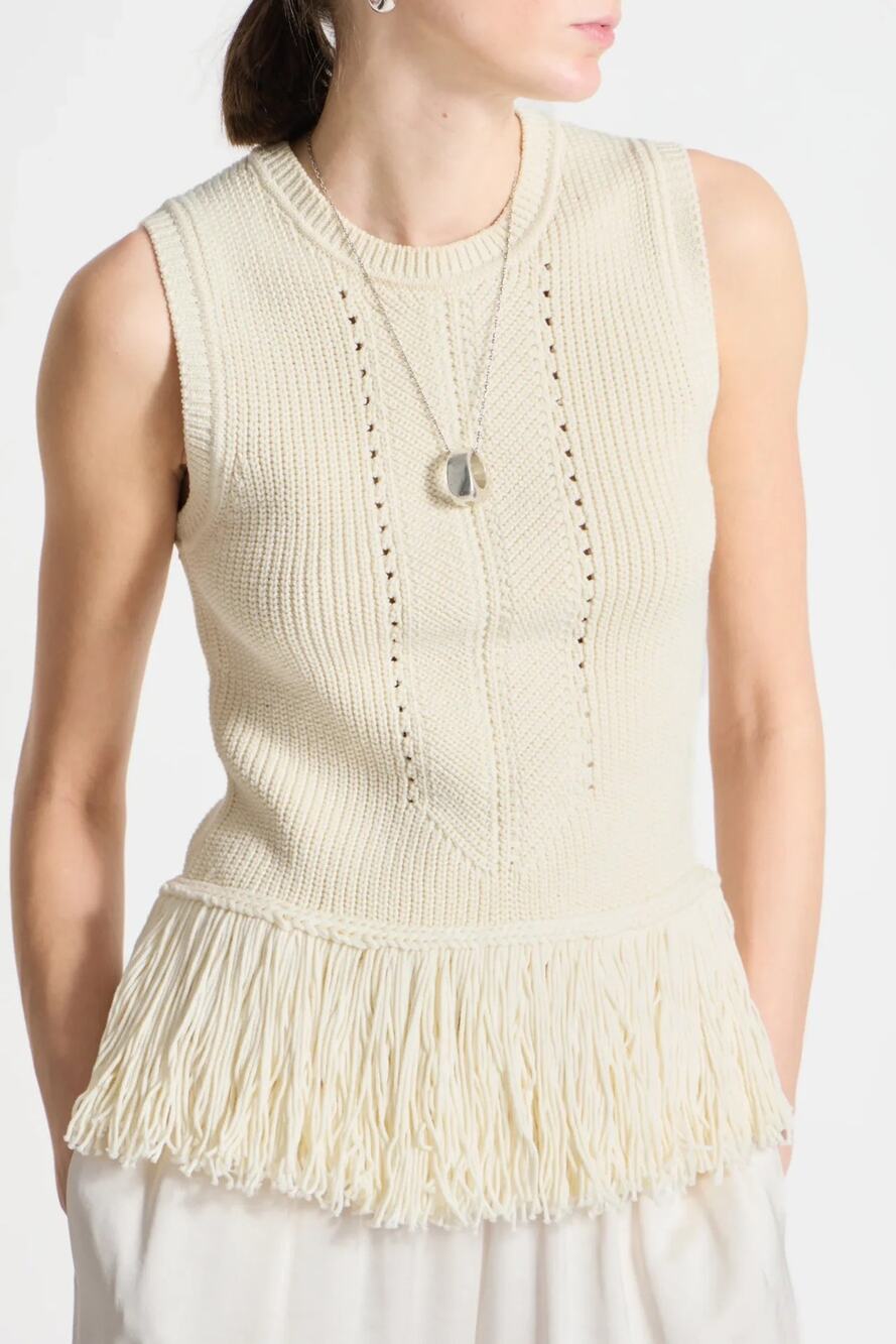 Saint Art Collins Fringe Knit Blouse Sleeveless Large Ivory